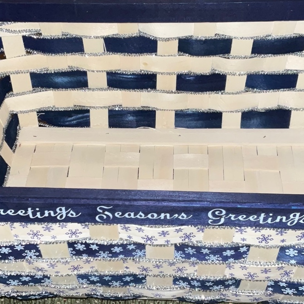 Holiday SEASONS GREETINGS Blue, Ivory, Silver Rectangular Wicker Basket handles - Picture 6 of 11